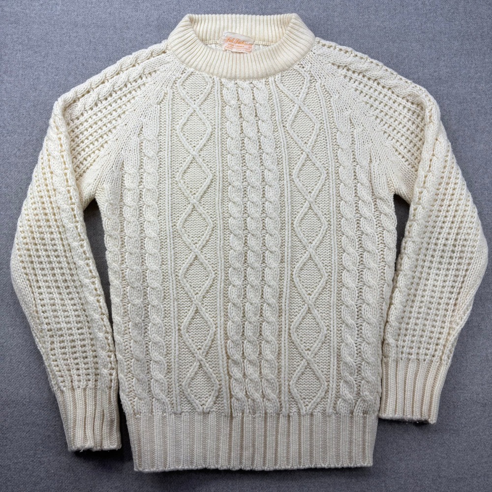 Vintage 70s Cable Knit Fisherman Sweater Womens Medium Cream Hand Loomed Acrylic